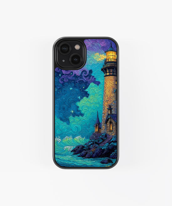 Luminous Ocean Lighthouse Glass Phone Case – Artistic Coastal Night Sky Protection