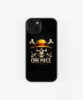 StayCase one piece anime phone case featuring skull with straw hat and crossed bones on black background
