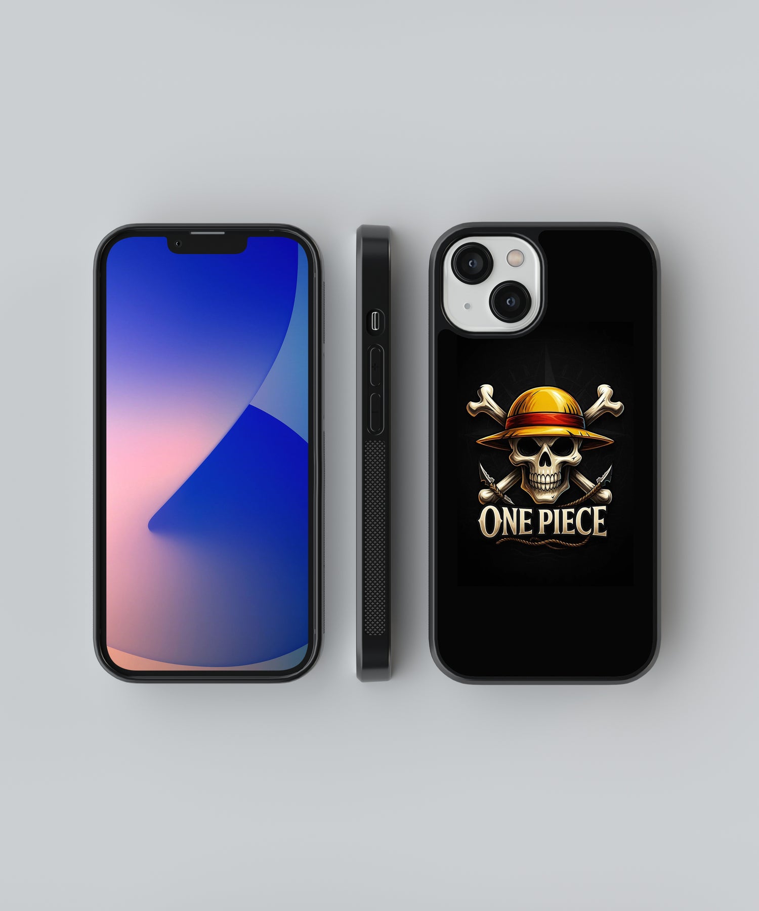 StayCase one piece anime phone case with black background and skull wearing straw hat design