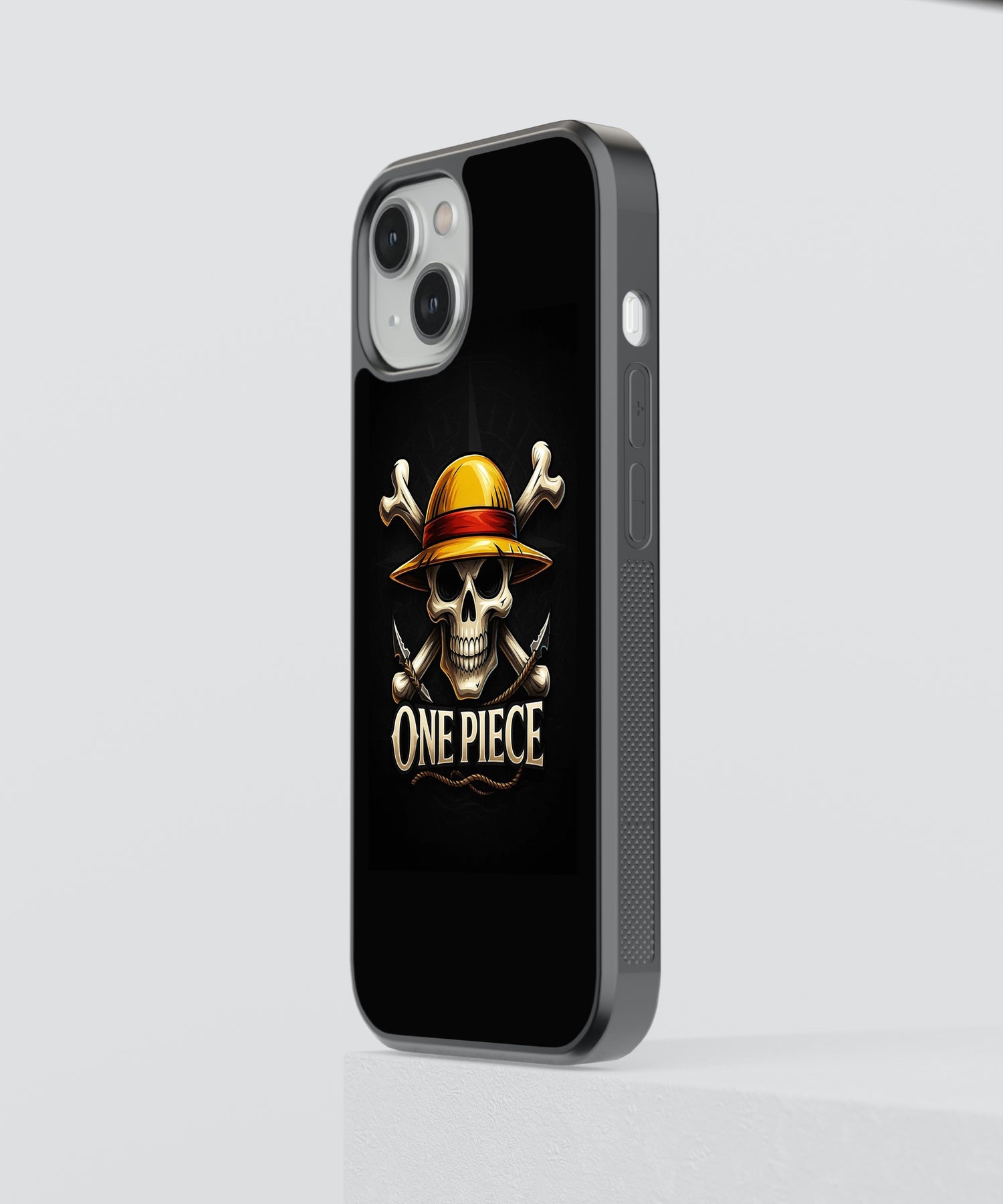 StayCase one piece anime phone case featuring a skull with a straw hat on a black background