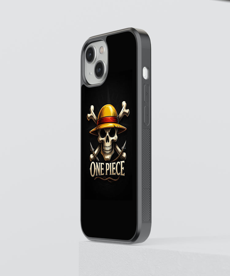 StayCase one piece anime phone case featuring a skull with a straw hat on a black background