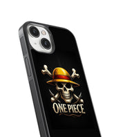 StayCase one piece anime phone case with skull wearing straw hat and crossbones design on black background