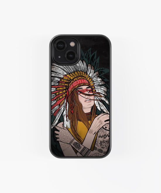 Tribal Warrior Art Glossy Phone Case – Boho Headdress Illustration Premium Glass Mobile Cover
