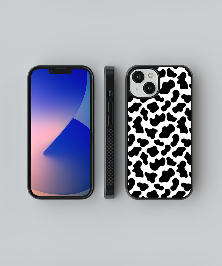 Black and white animal print iPhone case shown from front, side, and back views
