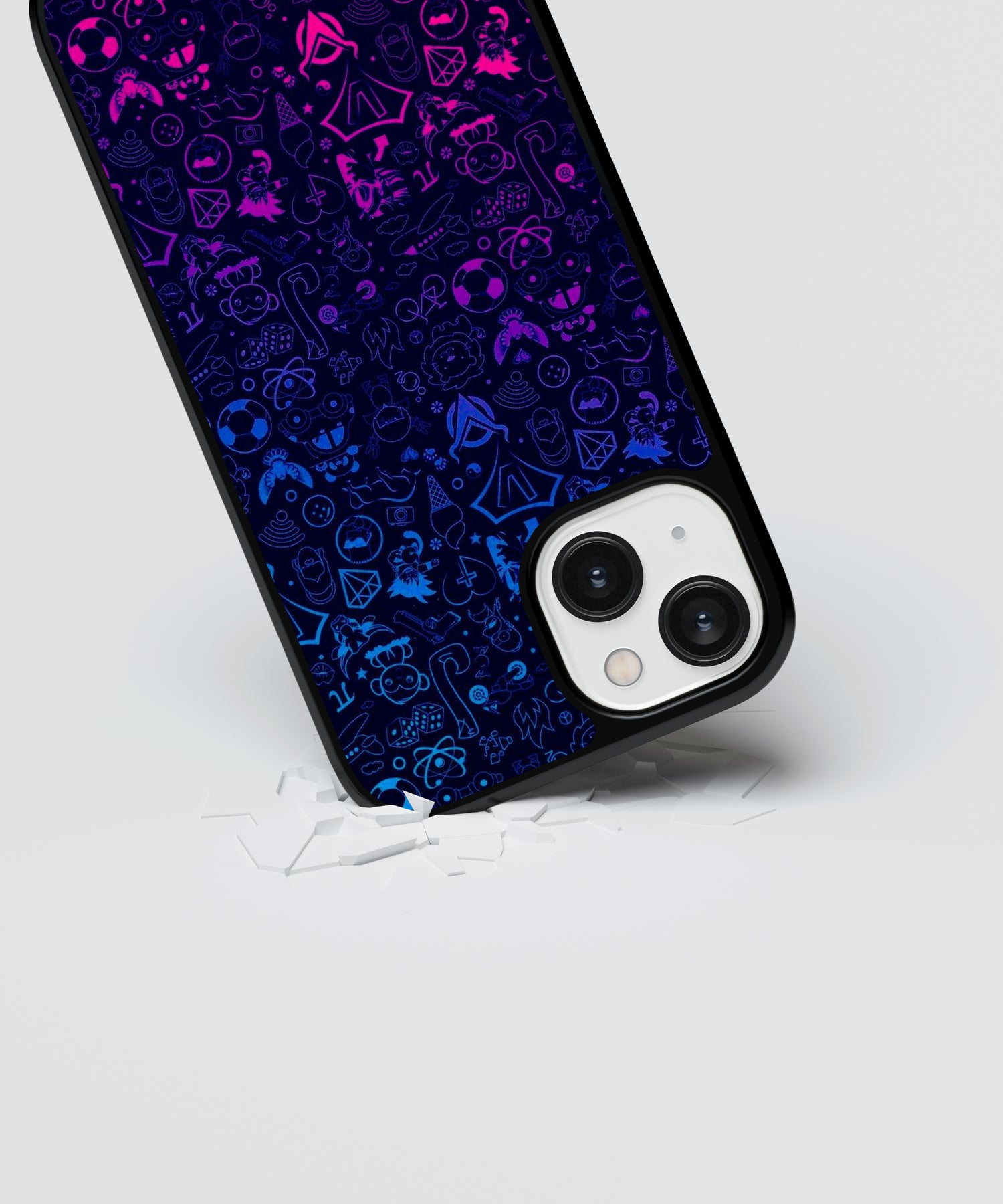 StayCase blur art phone case with gradient blue and purple gaming icons design on smartphone