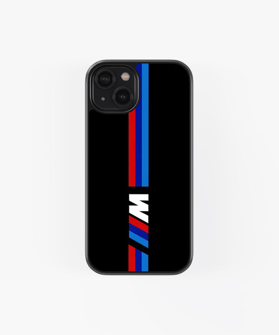StayCase BMW glass phone case with black background and red and blue stripes for iPhone