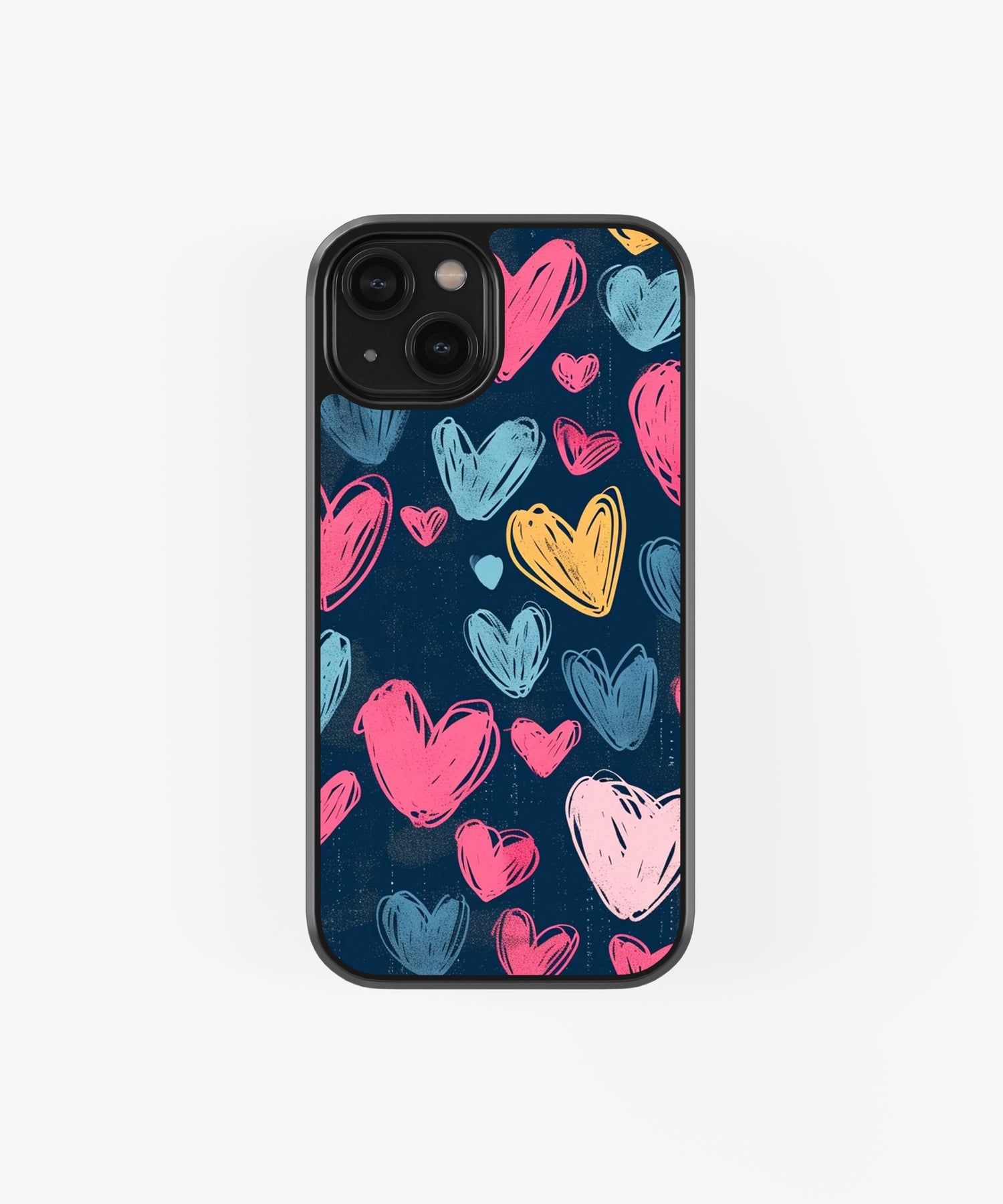 Colorful heart design phone case with blue, pink, and yellow hearts on a dark background