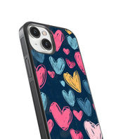 Heart design phone case with colorful pink, blue, and yellow hearts on a dark background