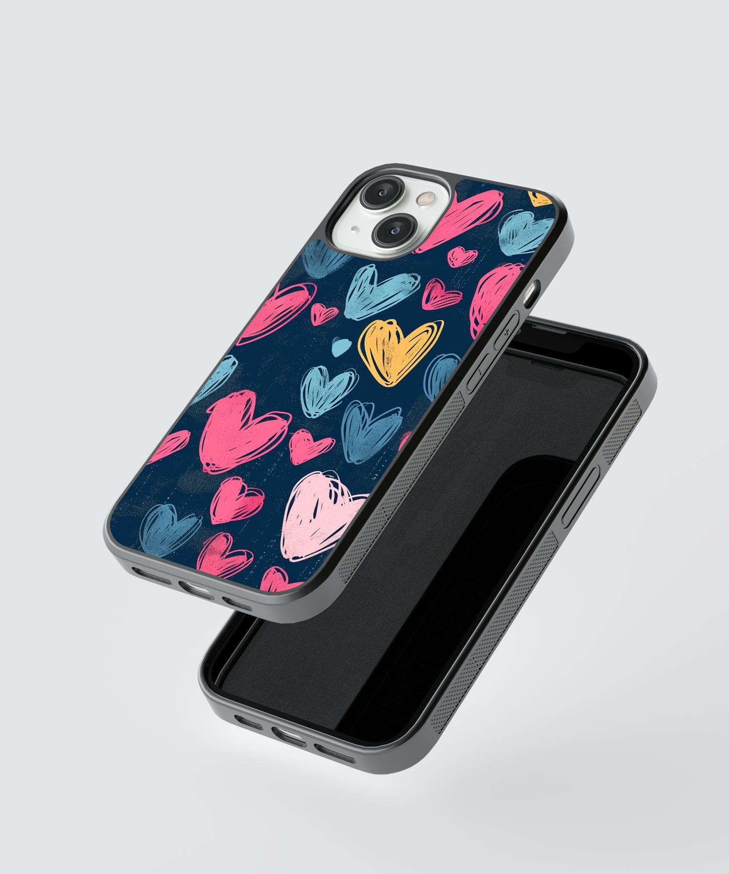 Heart design phone case with colorful hand-drawn hearts on navy blue background for iPhone