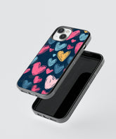 Heart design phone case with colorful hand-drawn hearts on navy blue background for iPhone