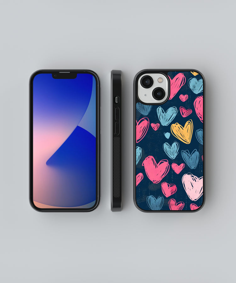 Heart design phone case with colorful hand-drawn hearts on black background for iPhone