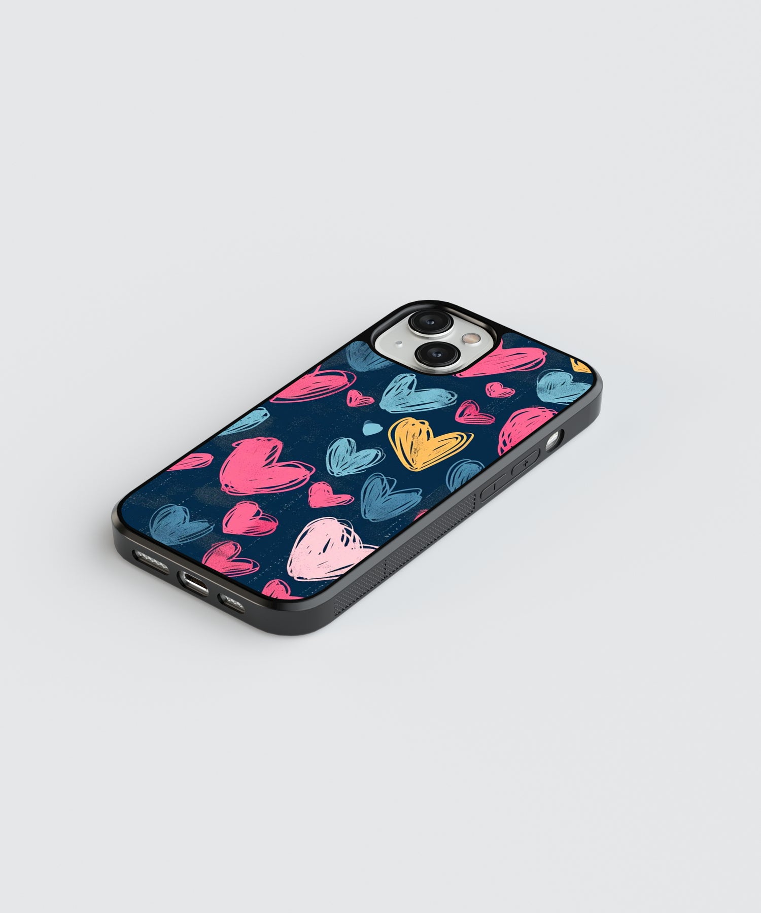 Black phone case with colorful heart design phone case pattern in pink, blue, and yellow