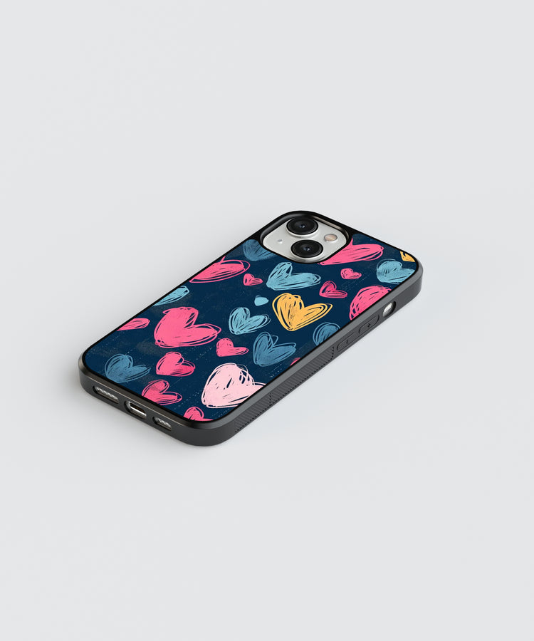 Black phone case with colorful heart design phone case pattern in pink, blue, and yellow