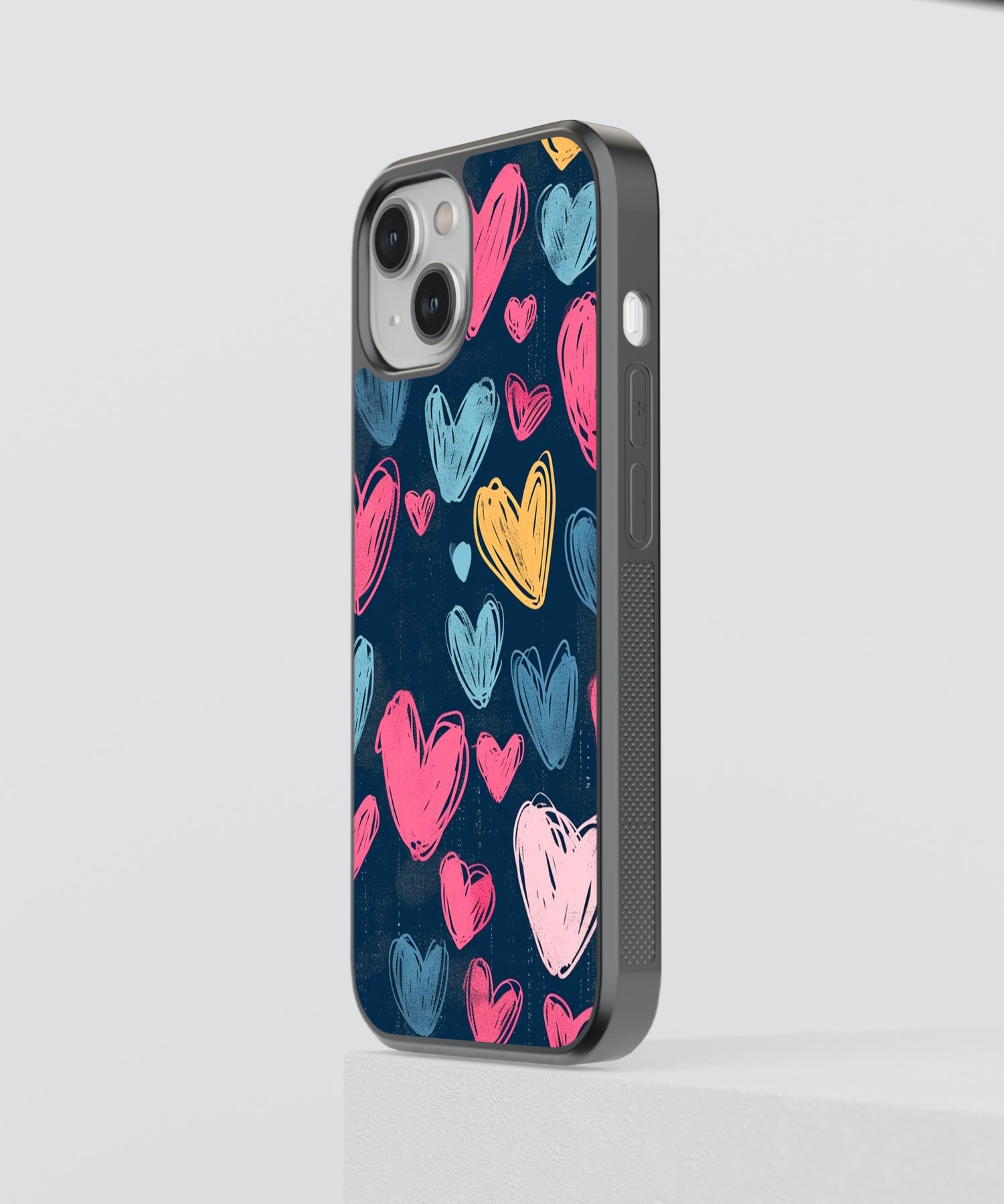 Heart design phone case with colorful hand-drawn hearts on a dark background for iPhone