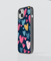 Heart design phone case with colorful hand-drawn hearts on a dark background for iPhone
