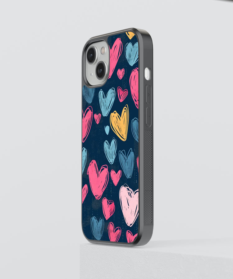 Heart design phone case with colorful hand-drawn hearts on a dark background for iPhone